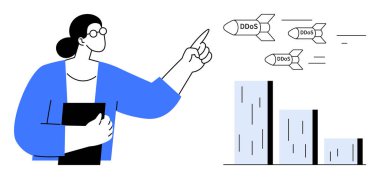 İş adamı, DDoS etiketli füzeleri işaret ederek altyapıyı temsil eden bar çizelgelerini hedef alıyor. Siber güvenlik, risk yönetimi, bilişim koruması, iş devamlılığı, ağ güvenliği için ideal
