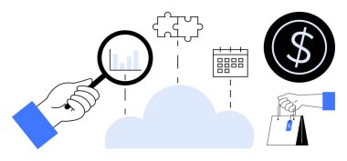 Analiz, bulmaca parçaları, takvim, alışveriş torbaları ve bulutun üstündeki dolar işareti üzerinde büyüteçle. Bulut hesaplama, finans, takım çalışması, e-ticaret planlama analizleri için ideal