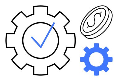 Daha küçük mavi dişli ve bozuk paraya bağlı, içinde kontrol işareti olan büyük bir dişli. Süreç iyileştirme, iş stratejisi, başarı, üretkenlik, yatırım, yenilik için ideal, basit düz metafor