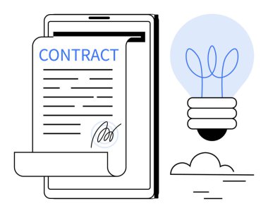 Tablet üzerine imzalı sözleşme belgesi, fikir ve yenilik için ampul, bağlantıyı vurgulayan bulut. Dijital hizmetler için ideal, anlaşmalar, teknoloji, girişimler, yaratıcılık, iş
