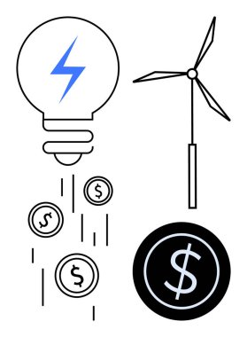 Mavi yıldırımlı ampul, geliri simgeleyen madeni paralar, rüzgar türbini ve büyük dolar işareti. Sürdürülebilirlik, eko-ticaret, yenilik, karlılık, temiz enerji yeşil ekonomi için ideal basit