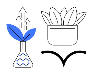 Altıgen yapısı ve okları olan bir kimya şişesinden yeşil yapraklar büyüyor, bir saksının içindeki bir bitkinin yanında. Sürdürülebilirlik, yenilik, büyüme, eko-bilim, biyoteknoloji, doğa, modern