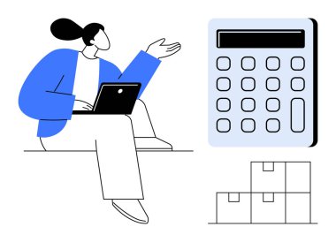 Kadın dizüstü bilgisayar kullanırken işaret ediyor, finansal ya da envanter değerlendirmesi için büyük hesap makinesi, üç kutu istiflenmiş. İş, muhasebe, lojistik, e-ticaret, tedarik zinciri ve finans için ideal