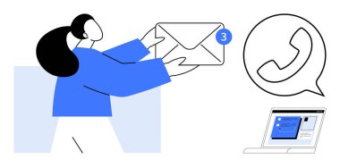 Zarf tutan kadın, bildiri rozeti, telefon ikonlu sohbet balonu, ve uygulama arayüzlü laptop. İletişim, mesajlaşma, iletişim, iş, çoklu görev ağı için ideal