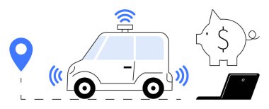 GPS pin ikonu, sinyal dalgaları, kumbarası ve dizüstü bilgisayarı olan kendi kendine giden bir araba. Yenilik için ideal, akıllı ulaşım, GPS, otomasyon maliyet verimliliği bağlantı teknolojisi. Basit düz metafor