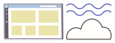 Bulut çizgisi ve akış çizgilerinin yanındaki ızgara düzenine tarayıcı arayüzü. Takım çalışması, dosya paylaşımı, depolama, bulut hesaplama, web uygulamaları, yenilik, ağ için ideal. Asgari ve basit düz metafor