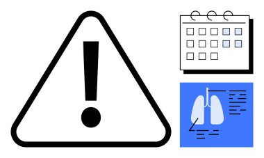 Dikkat üçgeninde ünlem işareti, işaretli tarihli takvim, akciğer röntgeni grafiği. Sağlık bilinci, tıbbi uyarılar, teslim tarihleri, solunum sağlığı, ihtiyat, zaman yönetimi veya