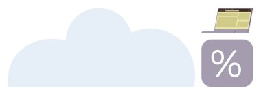 Verileri gösteren bir dizüstü bilgisayarı olan büyük bir bulut simgesi ve yüzde yüz sembolü olan mor bir kare. Teknoloji, veri yönetimi, analitik, bulut depolama, iş büyümesi, modern