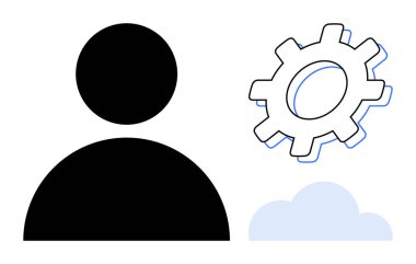 Bir dişlinin yanında insan silueti ve bulut işbirliği, teknoloji ve bağlantıyı sembolize ediyor. Teknolojik yenilik, takım çalışması, kullanıcı yönetimi, bulut hizmetleri, geliştirme, ilerleme için ideal basit