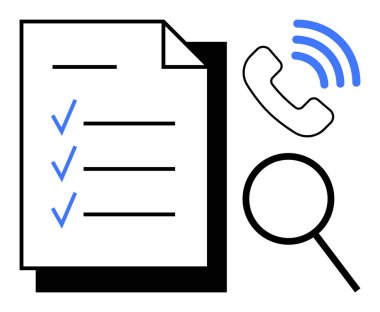 Üç mavi keneli kontrol listesi, büyüteç ve ses dalgalı telefon alıcısı. Görev yönetimi, iletişim, üretkenlik, araştırma, organizasyon, müşteri desteği için ideal