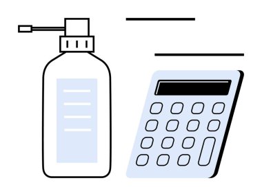 Aerodinamik tasarımı olan hesap makinesinin yanında pompalı bir dezenfektan şişesi. Sağlık güvenliği, iş planlaması, işyeri hijyeni, hesaplamalar, mali yönetim, ihtiyat, basit daire