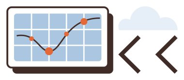 Moda çizgisi olan veri tablosu ve dijital ekranda kırmızı noktalar, bulut simgesi, kod parantezleri. Teknoloji için ideal, analitik, programlama, yenilik, bulut hesaplama, dijital strateji basit düz