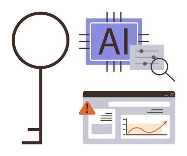 Anahtar, yapay zeka çipi, veri ayarları ve analitik gösterge panelinin yanında. Teknoloji, yapay zeka, güvenlik, veri analizi, yenilik makinesi eğitimi ve dijital çözümler için idealdir. Basit düz metafor