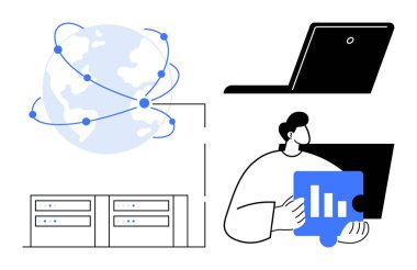 Dünya düğümler, dizüstü bilgisayarlar, analitik çizelgeler ve sunucular aracılığıyla birbirine bağlı. Teknoloji, ağ, analitik, bilişim altyapısı, bulut hesaplama küresel iş veri işleme için ideal