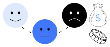 Farklı duygularda birbirine bağlı mutlu yüzler, para çantası, para. Ruh hali, akıl sağlığı, finans tercihleri, karar verme, tasarruf yatırımları için ideal. Basit düz metafor