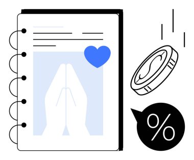 Dua eden elleri, mavi kalbi, düşen parası ve yüzdelik işareti olan bir defter. Hayırseverlik, bağış, inanç, finans planlaması, bağış toplamak için ideal. Basit düz metafor