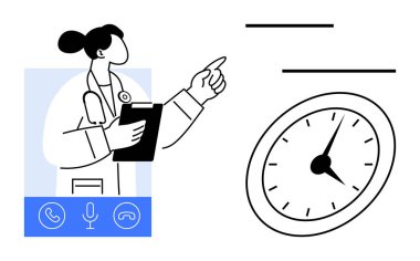 Pano tutan kadın doktor, işaret ediyor, çağrı simgeleriyle çevrili, teletıp portresi çizen dijital saat, uzaktan sağlık hizmeti, sanal randevular. Tıbbi teknoloji ve programlama için ideal.