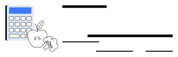 Калькулятор, наполовину яблоко, брокколи, представляющие анализ питания и здоровый выбор. Идеально подходит для планирования питания, здоровья, хорошего самочувствия, образования, питания, минимального образа жизни.