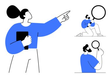 İnsanlar ellerinde büyüteç tutuyorlar, detayları araştırıyorlar ve ileriye doğru işaret ediyorlar. Araştırma, analiz, keşif, odaklanma, veri değerlendirme stratejisi planlama ve vizyon için idealdir. Basit düz metafor