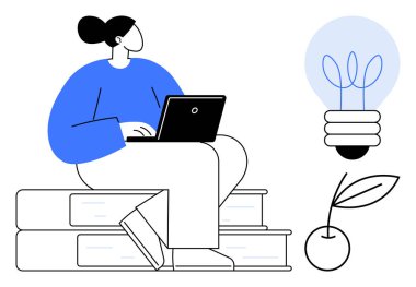 Üst üste dizüstü bilgisayar kullanan bir kadın eğitim ve büyümeyi sembolize ediyor. Ampul ve bitki bilgiyi, fikirleri ve sürdürülebilirliği temsil ediyor. Öğrenme, yenilik ve büyüme için ideal