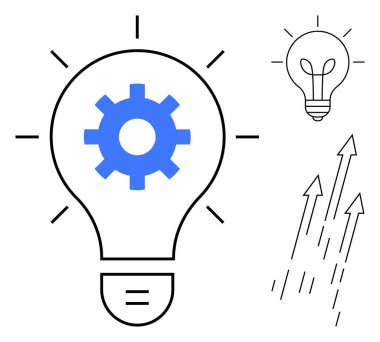 Ortasında dişli ampul, küçük ampul, yukarı doğru ok. Yenilik, fikirler, ilerleme, teknoloji, başarı büyüme kavramı için idealdir. Basit düz metafor