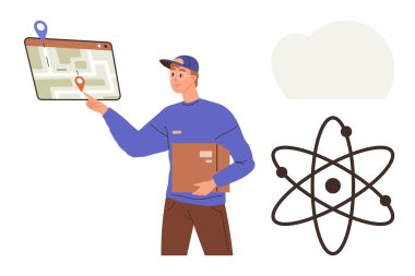 Navigasyon için dijital harita ile etkileşime girerken kapsüldeki kurye paketini tutuyor. Atom grafiği bilim ve teknoloji öneriyor. Lojistik, dağıtım, e-ticaret, teknoloji, navigasyon ve bilim için ideal