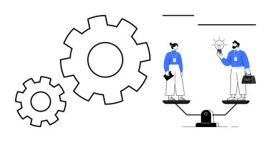 Ampul ve evrak çantasıyla çevrili bir ölçekte iki profesyonel. Takım çalışması, işbirliği, denge, yenilik, üretkenlik, eşitlik işyeri verimliliği için idealdir. Basit düz