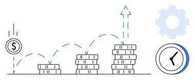 Bozuk para yığınları yükselir, yukarı doğru oklar saat ve dişli görsellerle büyüdüğünü gösterir. Finans, tasarruf, yatırım, planlama, büyüme, üretkenlik zamanı için ideal. Basit düz metafor
