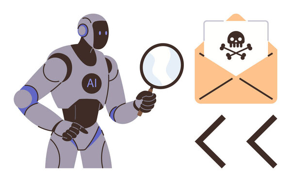 Робот с искусственным интеллектом держит увеличительное стекло, проверяет конверт с предупреждением о вредоносных программах. Идеально подходит для кибербезопасности, защиты данных, AI безопасности, цифровых forensibility, онлайн-угроз, безопасности электронной почты, простой плоской метафоры