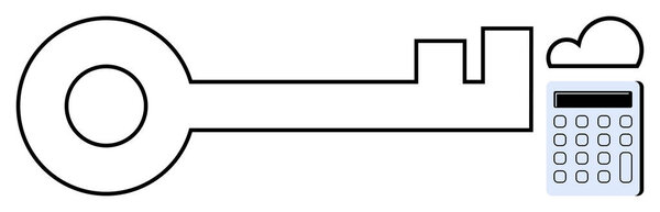 Ключевой контур, подключенный к облаку и калькулятору, символизирует безопасный доступ, цифровое управление данными и инновации. Идеально подходит для безопасности, технологий, финансов, облачных вычислений, исследований, доступа