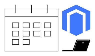 Takvim ızgarası, soyut teknoloji temalı mavi simge ve organize programlama, dijital araçlar veya çevrimiçi platformları vurgulayan dizüstü bilgisayar. Üretkenlik, planlama, zaman yönetimi ve teknoloji için ideal