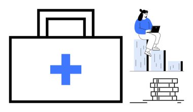 İçinde haç sembolü olan tıbbi çanta, büyüme çizelgesi, dizüstü bilgisayarda çalışan kişi ve bir yığın bozuk para. Sağlık, finans, iş analizi, uzaktan çalışma, veri yönetimi sağlık ekonomisi için ideal