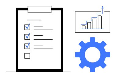 Kontrol işaretli pano kontrol listesi, işlem çubuğu şeması, mavi dişli. İş akışı, verimlilik, proje yönetimi, görev takibi, verimlilik hedefi takım çalışması için idealdir. Basit düz metafor