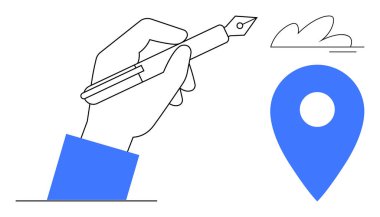 El ele tutuştuğumuz dolmakalem, lokasyon iğnesi ve bulutun yanında çizim yapıyor. Tasarım, yaratıcılık, seyrüsefer, yolculuk, ilham, uzak çalışma ve keşif temaları için idealdir. Basit düz metafor