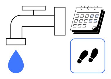 Mavi su damlası, takvim ve ayak sesleri ikonuna sahip musluk dikkatli su kullanımı, sürdürülebilirlik, kaynak yönetimi, koruma çabaları, ekolojik farkındalık, verimlilik zamanlamasını vurguluyor