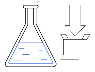 Sıvı, aşağı doğru ok ve kimyasal transferi veya teslimatı sembolize eden açık bir kutu. Bilim, araştırma, yenilik, ambalaj, süreç, lojistik basit düz metafor için ideal