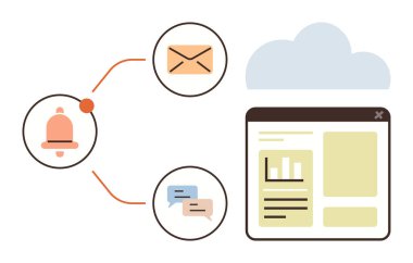 Çan bildirimi, e-posta zarfı, analitik ve bulut grafikli web sayfasına bağlanan konuşma baloncukları. Üretkenlik, takım çalışması, veri paylaşımı, dijital iletişim, yazılım, kullanıcı için ideal