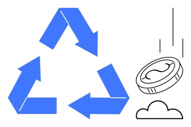Mavi geri dönüşüm okları, bozuk paranın yanında bir üçgen oluşturuyor. Buluta doğru düşüyor. Sürdürülebilirlik, dairesel ekonomi, geri dönüşüm, eko-finans, yenilenebilir enerji, çevresel etki, yeşil