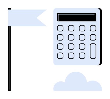 Sayısal tuşları olan hesap makinesi, bayrak direği ve bulut şekli. Finans, hedefler, strateji, muhasebe, eğitim verimliliği ve planlama için ideal. Minimalist düz metafor