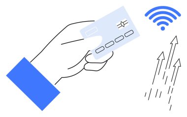 Kablosuz sinyalin yanındaki kablosuz sinyalin yanında dijital ödemeleri, işlemleri, online alışverişi, fintech 'i, büyümeyi, mobil bankacılığı, güvenli bağlantıyı temsil eden oklar var. Temiz daire