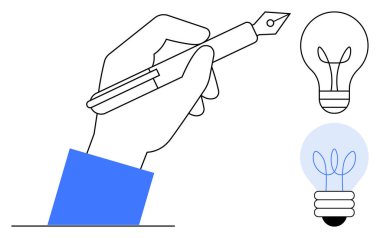 Fikirleri ve yaratıcılığı sembolize eden ampullerle çevrili dolmakalemle el yazısı. Yaratıcılık, yazma, problem çözme, yenilik, beyin fırtınası, öğrenme eğitimi için idealdir. Basit düz