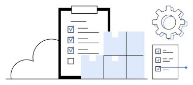 İşlem listesi panosu, istiflenmiş kutular, dişli simgesi ve verimliliği, lojistik, iş akışı ve verimliliği temsil eden kontrol listesi kağıdı. Planlama, tedarik zinciri otomasyon görev koordinasyonu için ideal