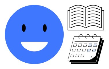 Gülümseyen mavi ifade açık bir kitap ve takvimle eşleştirildi. Eğitim, planlama, zaman yönetimi, üretkenlik, iletişim, motivasyon ve basit düz metafor için ideal