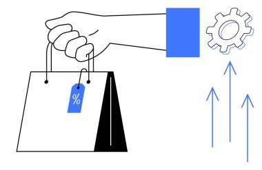 İndirimli etiketli el çantası, ilerlemeyi gösteren yukarı doğru oklar ve verimliliği simgeleyen vites. Perakende, e-ticaret, alışveriş eğilimleri, satış artışı, indirim kavramları için ideal