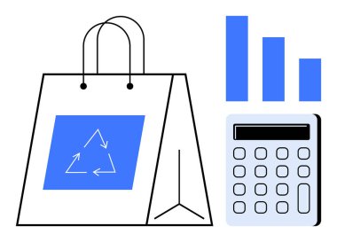 İçinde geri dönüşüm okları sembolü, hesap makinesi ve bar çizelgesi olan bir alışveriş çantası. Sürdürülebilirlik, eko-alışveriş, bütçe, veri analizi, mali planlama, çevre bilinci için ideal düz metafor