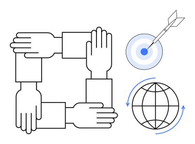 Birbirine bağlı eller, oklu bir küre ve oklu bir hedef ile bir kare oluşturuyor. Takım çalışması için ideal, birlik, küresel hedefler, strateji, ortaklık, sürdürülebilir büyüme, basit düz metafor