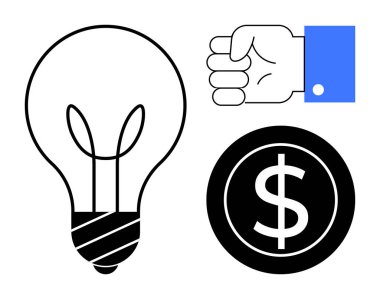 Fikirler için ampul, motivasyon için sıkılmış el, zenginlik yaratmak için dolar işareti. İş stratejisi, finans, kararlılık, yenilik, başlangıç yatırımı takım çalışması kavramları için idealdir. Basit.