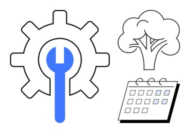 İngiliz anahtarlı dişliler araçları sembolize eder ve doğa takvim işaretleme tarihlerini tasvir eder. Sürdürülebilirlik, eko-yönetim, onarım programları, çevre planlaması, zaman yönetimi, yeşil