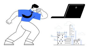 İş kıyafetleri içinde kendinden emin bir insan, modern şehir manzarasının üzerine yerleştirilmiş bir laptop. İlerleme, yenilik, liderlik, teknoloji, şehir planlama, strateji büyümesi için ideal. Basit düz