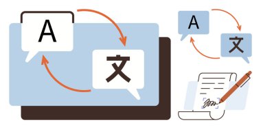 Harfli metin baloncukları, çeviri akışını, bilgisayar ekranını ve imzalı belgeyi gösteren oklar. Dil, çeviri, iletişim, teknoloji, eğitim içeriği küresel yaratma için ideal